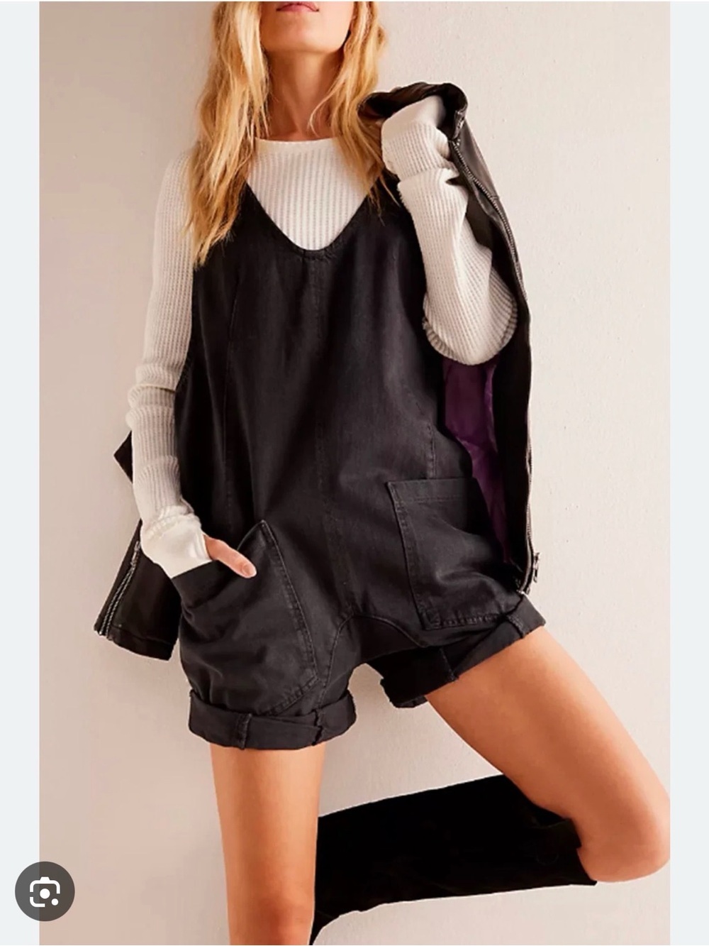 Free people black highroller shortall jumpsuit large nwt